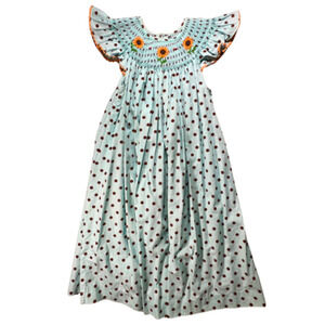 Mom & Me Girls 6X Aqua Brown Polka Dot Smocked Dress